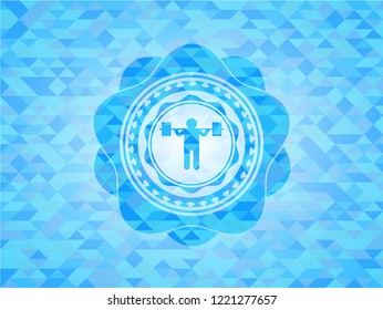 squat icon inside sky blue emblem with mosaic ecological style background
