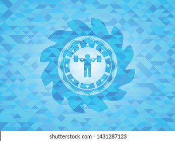 squat icon inside sky blue emblem with triangle mosaic background