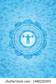 squat icon inside sky blue emblem with triangle mosaic background