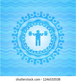squat icon inside water wave concept badge.