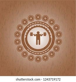 squat icon inside wooden emblem. Vintage.