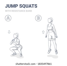 Squat Jumps with Resistance Band Woman Home Workout Exercise Guide. Squatting Jumps with Mini Band Workout a Young Female in Sportswear Does the Squats and Jumps Sequentially. Sport clipart