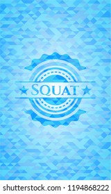 Squat light blue emblem with mosaic background