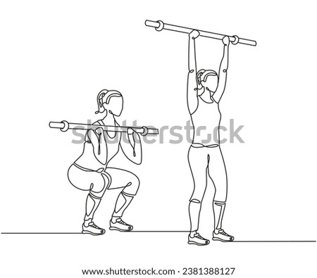 Squat to Overhead Press with a Barbell exercise Line Drawing isolated on copy space white background, Overhead Squat exercise editable vector illustration, Continuous one line drawing, Raise The Bar