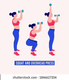 Squat And Overhead Press Exercise, Woman Workout Fitness, Aerobic And Exercises. Vector Illustration.