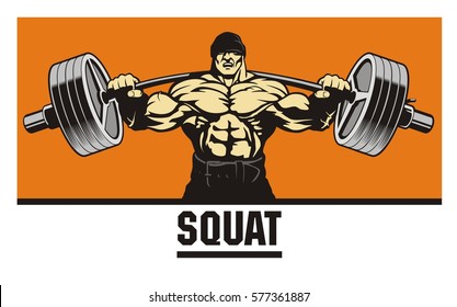 squat, powerlifter, bodybuilder with barbell, vector image