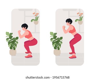 Squat Pulse exercise, Online fitness concept, Woman workout fitness, aerobic and exercises. Vector Illustration.	