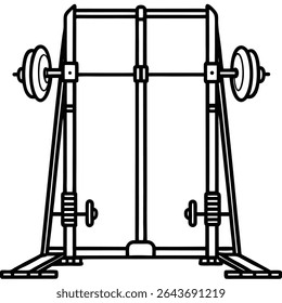 Um rack agachado com barbell e pesos, isolado no fundo branco