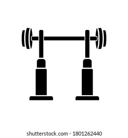 Squat rack black glyph icon. Fitness center, health club workout silhouette symbol on white space. Gym equipment for legs and back muscle training. Stand with barbell vector isolated illustration