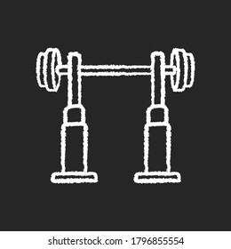 Squat rack chalk white icon on black background. Fitness center, health club workout. Gym equipment for legs and back muscle training. Stand with barbell isolated vector chalkboard illustration
