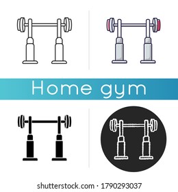 Squat rack icon. Linear black and RGB color styles. Fitness center, health club workout. Gym equipment for legs and back muscle training. Stand with barbell isolated vector illustrations