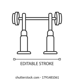 Squat rack linear icon. Fitness center, health club workout thin line customizable illustration. Contour symbol. Stand with barbell vector isolated outline drawing. Editable stroke