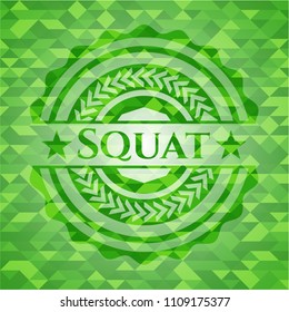 Squat realistic green emblem. Mosaic background