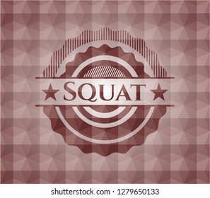 Squat red emblem with geometric background. Seamless.