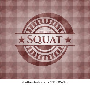 Squat red seamless badge with geometric pattern background.