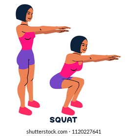 Squat. Sport exersice. Silhouettes of woman doing exercise. Workout, training Vector illustration