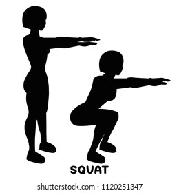 Squat. Sport exersice. Silhouettes of woman doing exercise. Workout, training Vector illustration