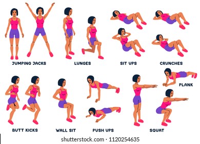 Squat. Sport exersice. Silhouettes of woman doing exercise. Workout, training Vector illustration