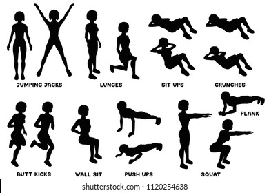 Squat. Sport exersice. Silhouettes of woman doing exercise. Workout, training Vector illustration