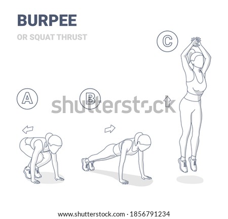 Squat Thrust Burpee Female Home Workout Exercise Guide Illustration. Athletic Woman Silhouettes in Sportswear Top, Leggings, and Sneakers Does Workout for Weight Loss at Home.