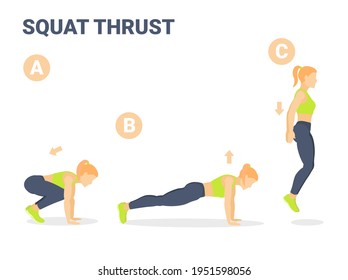 Squat Thrust Ejercicio Guía De Entrenamiento Para Niñas En Casa. Colorido concepto de mujer trabajando en su hogar en su cuerpo, una joven en bromas de ropa deportiva.