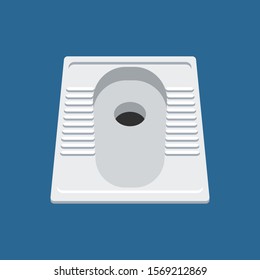 Squat toilet bowl or Asian style floor level toilet isolated on blue background. Vector illustration