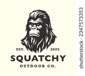 Squatchy bigfoot logo design. Sasquatch face brand icon. Yeti symbol. Wood ape emblem. Mythical cryptid creature vector illustration.