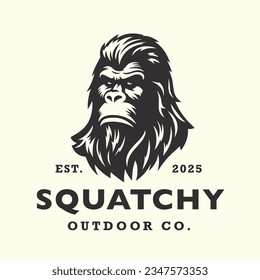 Squatchy bigfoot logo design. Sasquatch face brand icon. Yeti symbol. Wood ape emblem. Mythical cryptid creature vector illustration. svg
