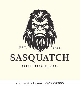 Squatchy bigfoot logo design. Sasquatch face brand icon. Yeti symbol. Wood ape emblem. Mythical cryptid creature vector illustration. svg