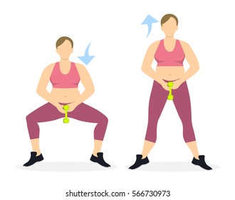 Squats exercise with dumbbels for legs on white background. Healthy lifestyle. Workout for legs. Exercises for fat women.