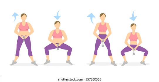 Squats exercise with weights for legs on white background. Healthy lifestyle. Workout for legs. Exercises for women. From fat to skinny.