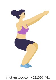 Squats exercises for growing and strengthening muscles on thighs and ankles. Isolated female character, athlete training, and working out. Burning fat and losing weight. Vector in flat style