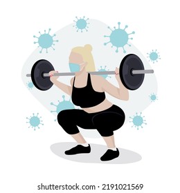 Squats with a face mask. Woman training with barbell in gym wearing medical mask to protect against covid-19 virus. Sport during coronavirus pandemic concept.