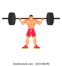 Squats. Fitness man with a barbell on his shoulders in flat design. Bodybuilder in shorts. Vector illustration