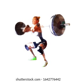 Squats, weight lifter woman low polygonal vector illustration