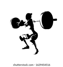 Squats, woman lifts big barbell, isolated vector silhouette. Ink drawing