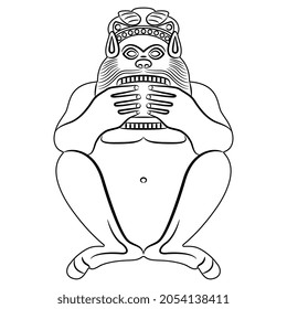 Squatting ancient Greek god Pan playing flute. Satyr or Silenus. Black and white linear silhouette.