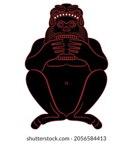 Squatting Ancient Greek God Pan Playing Flute. Satyr Or Silenus. Monochrome Black And Red Silhouette.