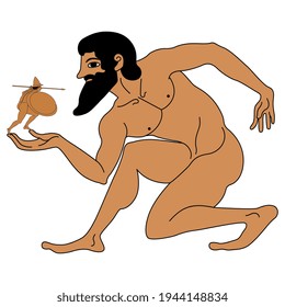 Squatting bearded ancient Greek giant man holding tiny warrior on his hand. Vase painting style. Creative concept.