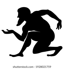 Squatting bearded ancient Greek man. Black silhouette on white background.