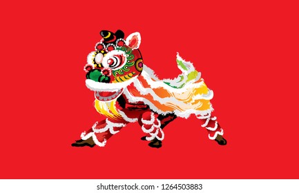 A squatting Chinese lion in various colors and presented in splashing ink drawing style. Vector.
