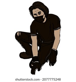 Squatting man wearing mask. Young guy in sportive clothes. Hand drawn colorful rough sketch. 