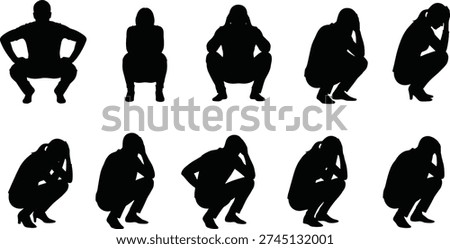 Squatting posture silhouettes sequence, human body positions vector illustration, physical movement icon design, fitness exercise artwork, sitting crouch graphic art