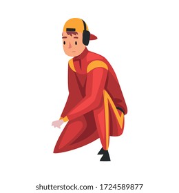 Squatting Professional Mechanic Cartoon Character in Red Unifrom, Maintenance of Racing Car Vector Illustration