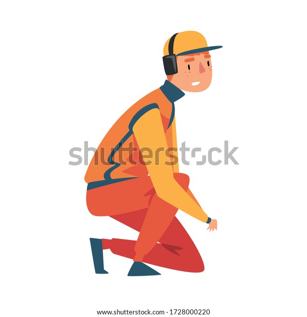 Squatting Professional Mechanic Cartoon\
Character in Unifrom and Earphones, Maintenance of Racing Car, Pit\
Stop Crew Member Vector\
Illustration