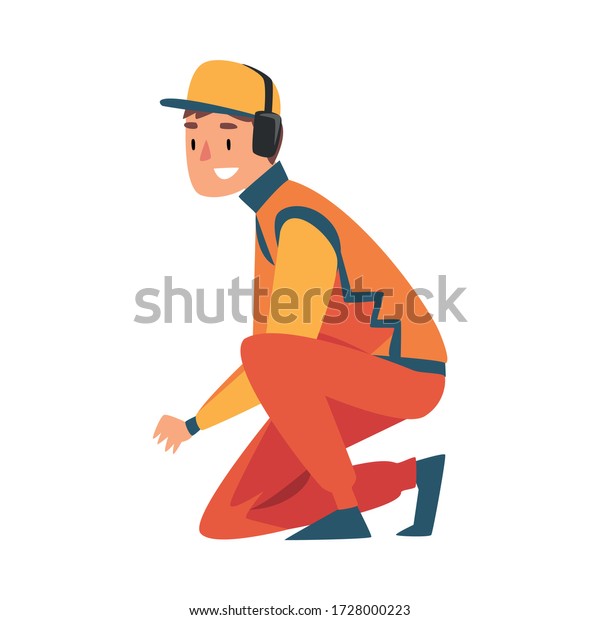 Squatting Professional Mechanic Cartoon\
Character in Unifrom and Earphones, Maintenance of Racing Car, Pit\
Stop Crew Member Vector\
Illustration