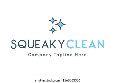 Squeaky Clean - Premium, Modern & Bold Uppercase Sans Serif Home Cleaning Company Graphic Brand Identity Logo Vector Template with Light Baby Blue and Dark Blue Water Soap Shine & Sparkles Line Icons