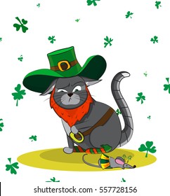 Squeamish Cat dressed as a leprechaun and a mouse in a carnival costume. Poster St. Patrick's Day