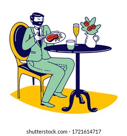 Squeamish Male Character Disappointed with Bad Service in Restaurant. Businessman with Fastidious Face Looking on Plate with Disgusting Dish. Poor Quality Cafe Hospitality. Linear Vector Illustration