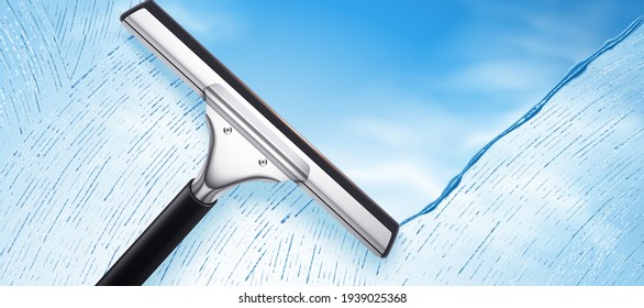 Squeegee cleaning glass against blue sky background in 3D illustration, ad background for glass cleaning product